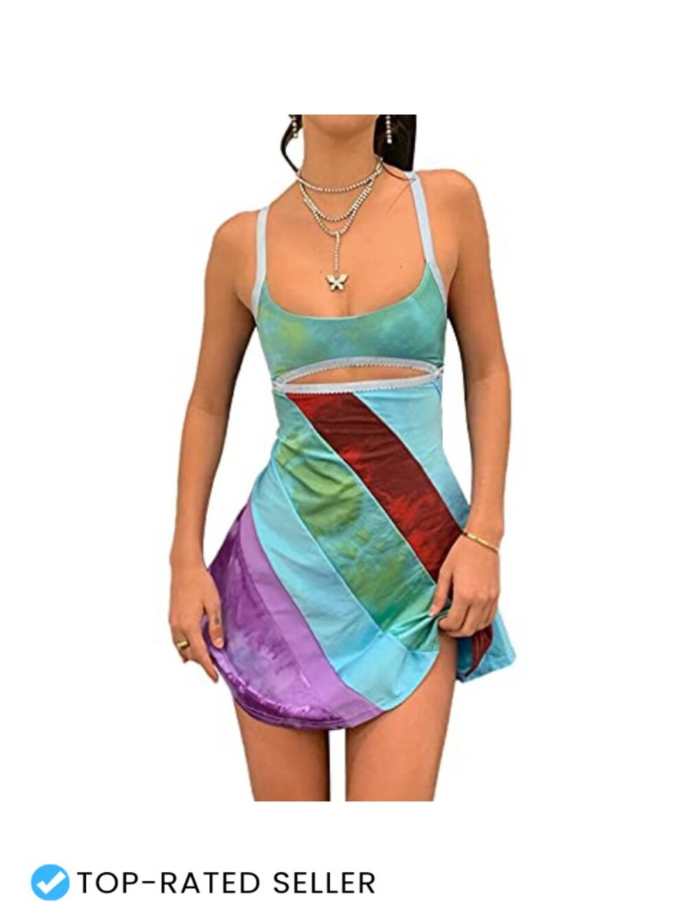 Striped Patchwork Mini Dress Y2K Spaghetti Strap Hollow Out A-Line